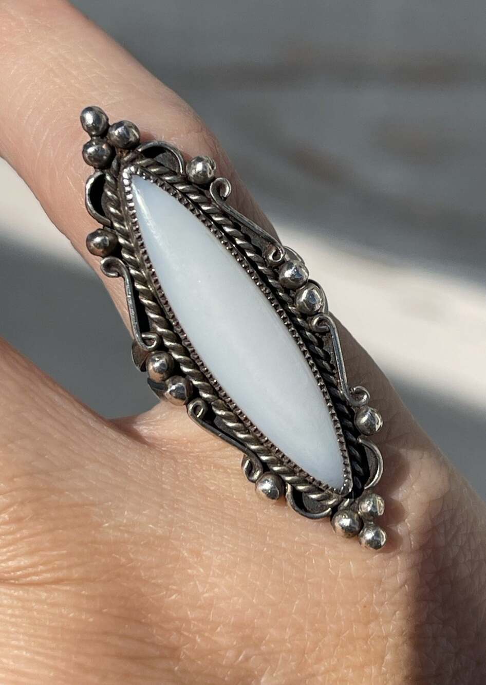 Vintage Navajo Sterling Silver Mother Of Pearl Ring Long Statement Size 4.5